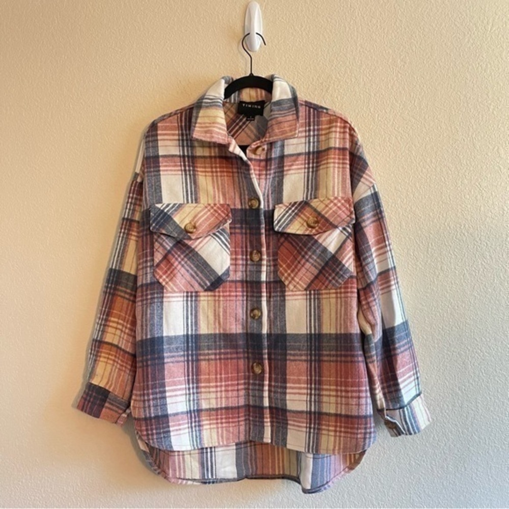 NWT Timing Wool Plaid Mutlicolor Shacket Button Up Oversized Women's Size Small